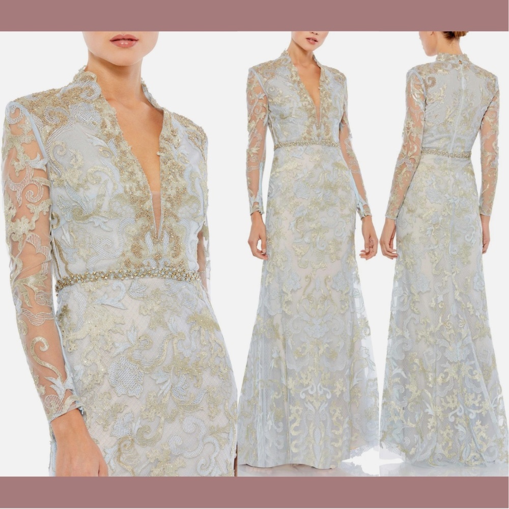 NWT $798 Mac Duggal [ 16 ] Long Sleeve Appliqué‎ VNeck Gown Powder Blue Gold